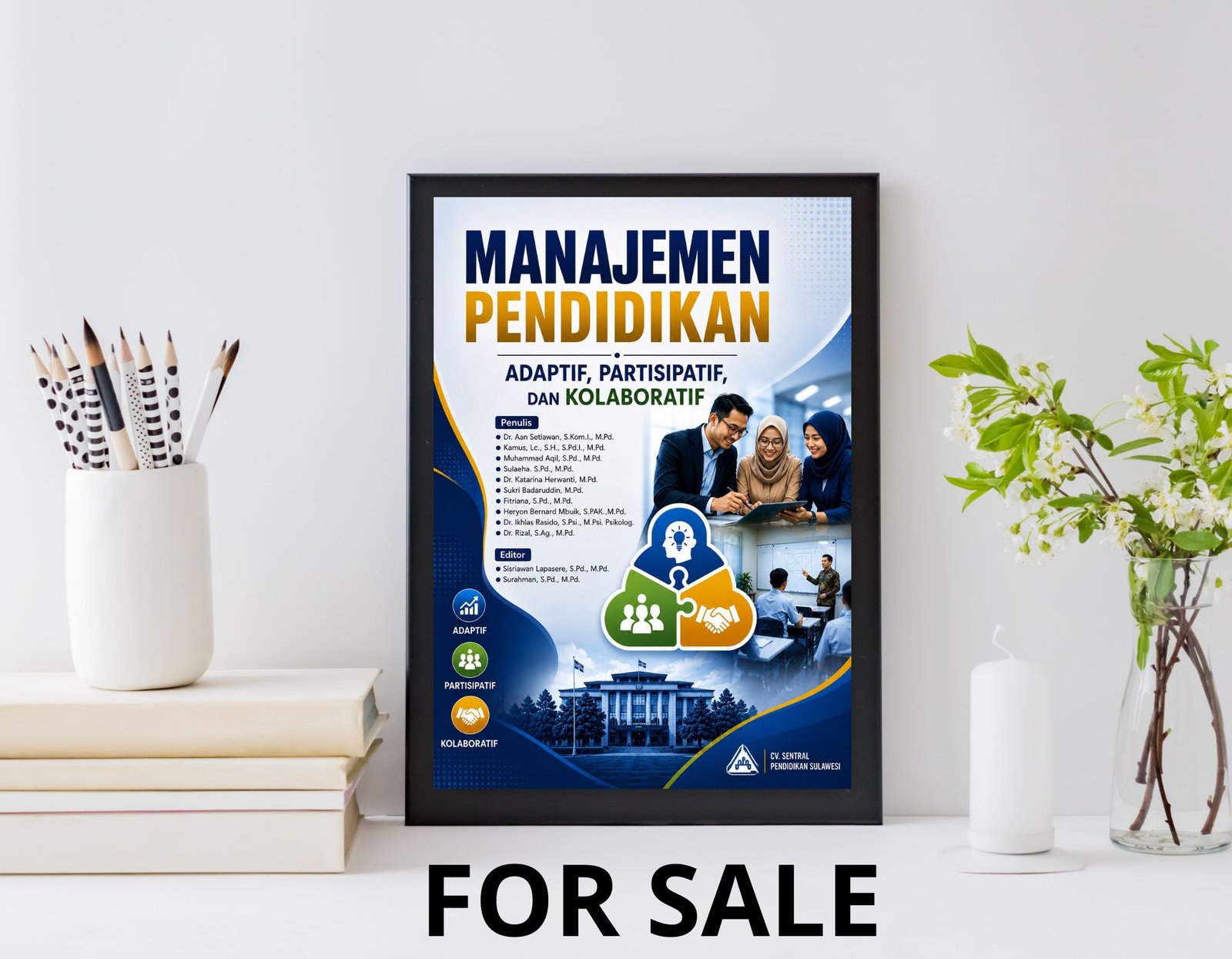 Cover buku Manajemen Pendidikan with modern design featuring adaptif, partisipatif, and kolaboratif illustrations