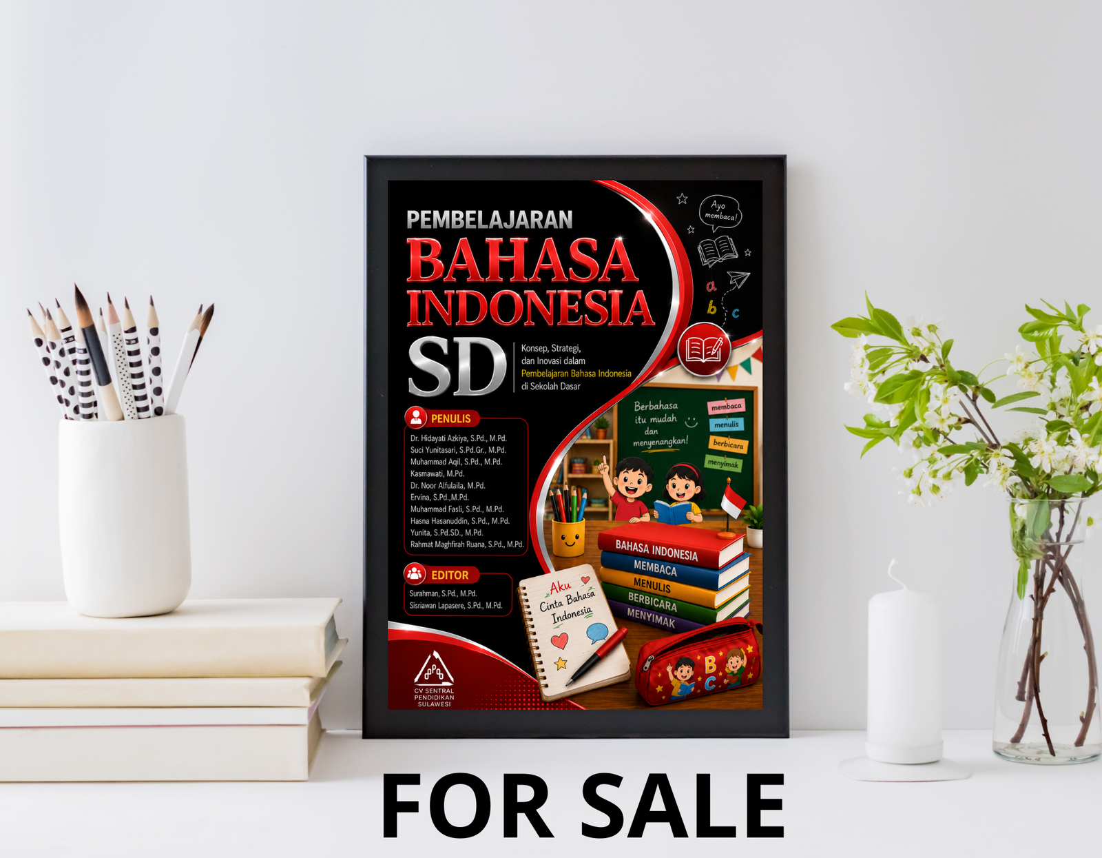Book cover for Pembelajaran Bahasa Indonesia SD showing professional educational design with black background