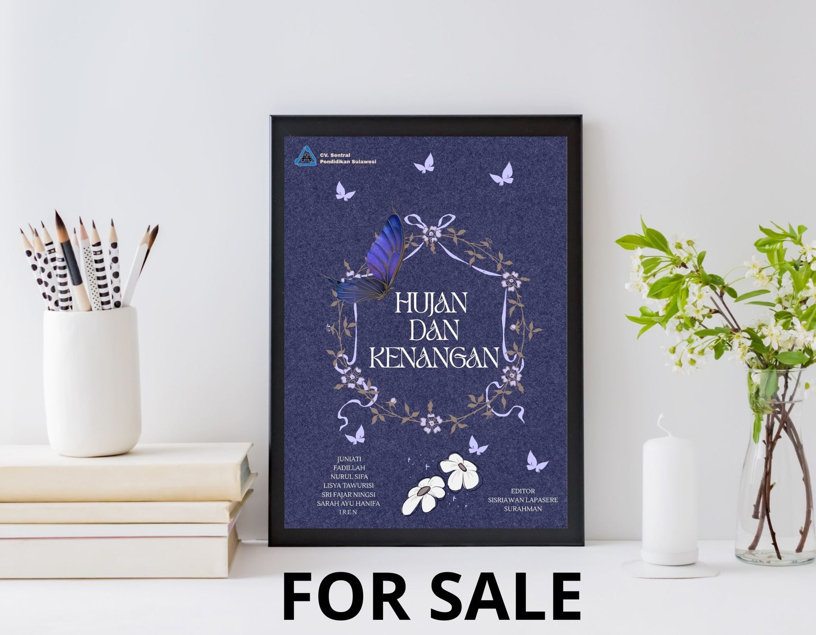 Cover with blue-purple background, white flowers, and butterflies