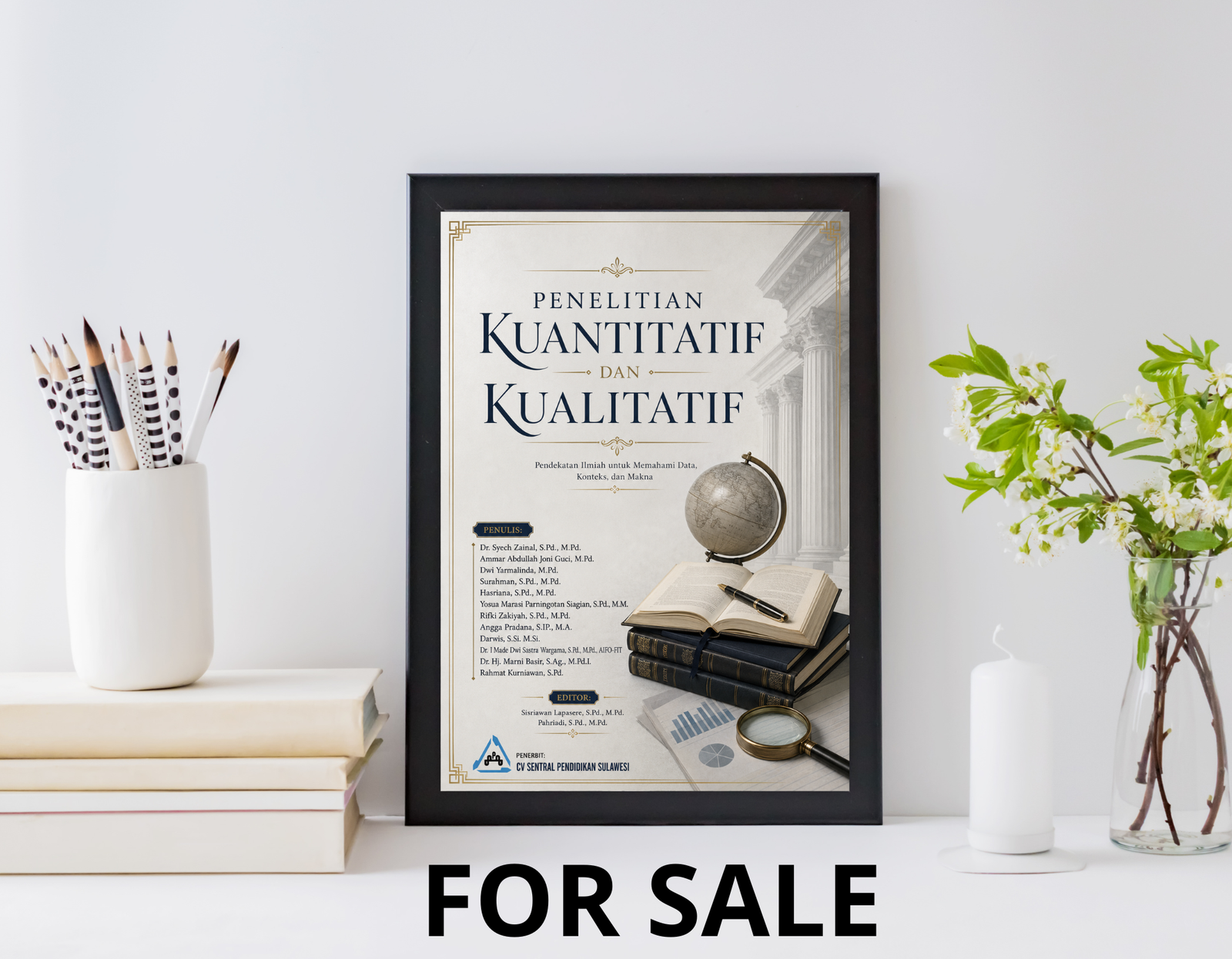 Cover buku Penelitian Kuantitatif dan Kualitatif with classic design, featuring cream/white background, navy text, gold decorative border, collage of globe, books, and charts