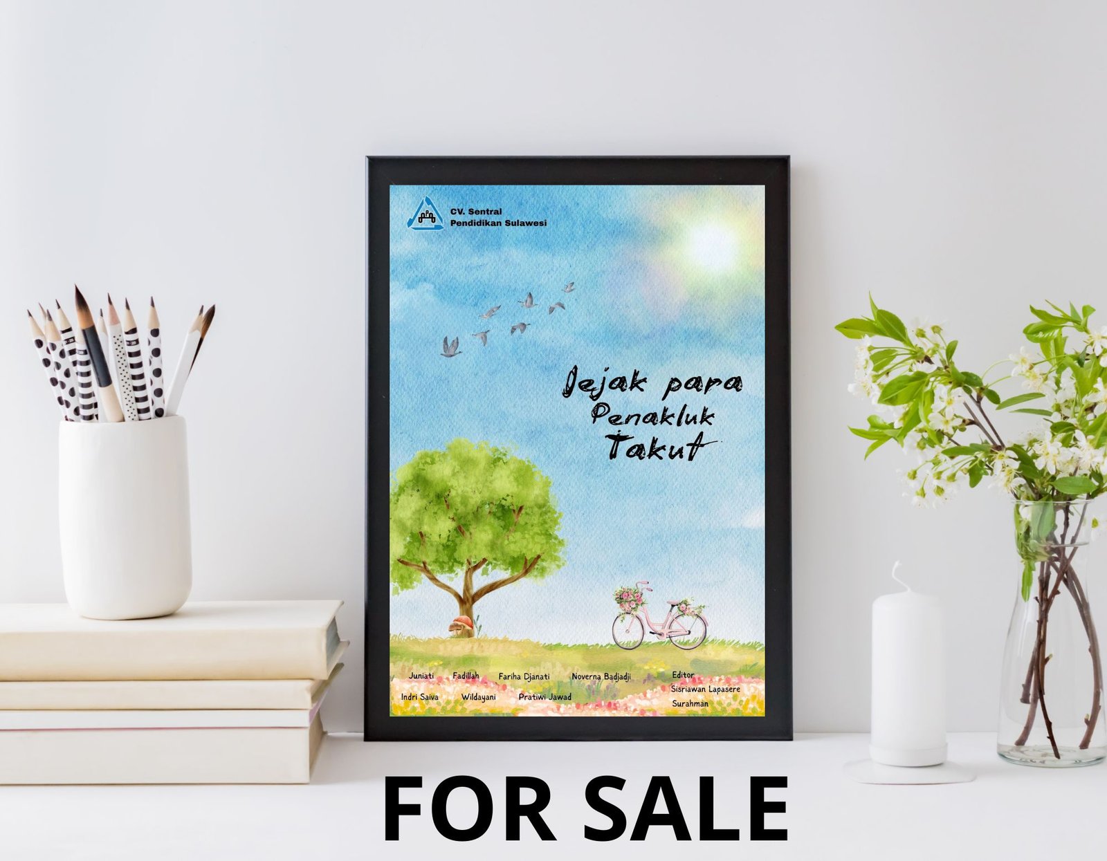 Cover with green tree, bright blue sky, birds flying, bicycle, and flowers