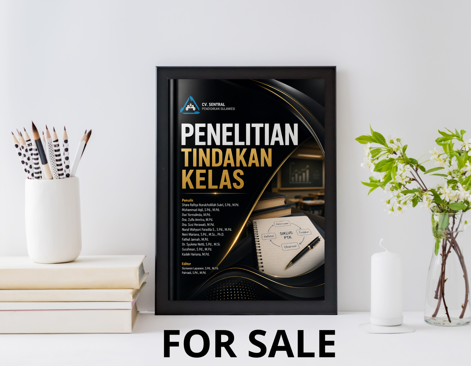 Cover buku Penelitian Tindakan Kelas dengan desain premium menampilkan latar belakang hitam dengan aksen garis-garis emas yang elegan, judul dalam teks putih dan emas besar, elemen visual menampilkan laptop dengan grafik, notebook dengan sketsa diagram SIKLUS PTK, dan pena, daftar penulis dan editor, dekorasi gelombang dan pola titik
