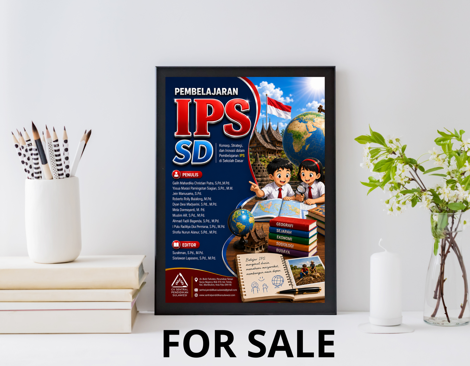 Book cover for Pembelajaran IPS SD showing professional educational design with dark blue background