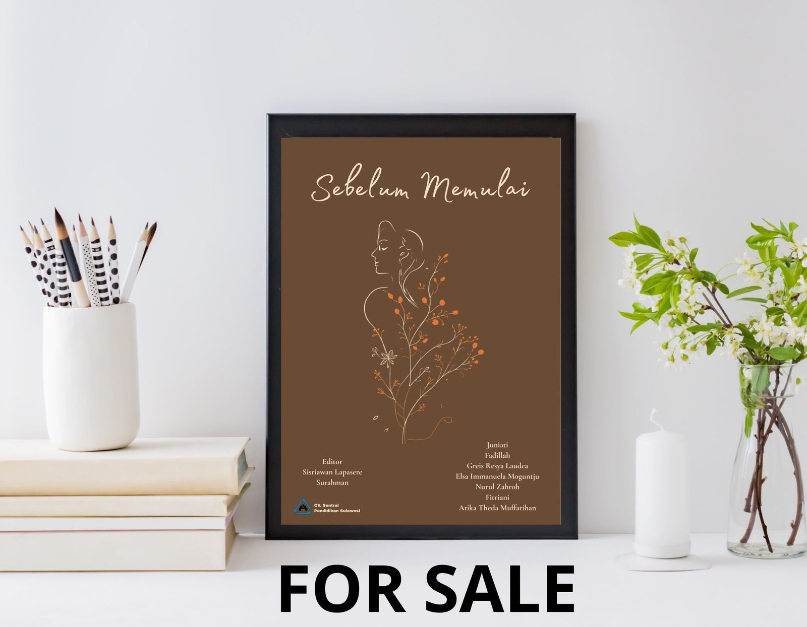 Cover with brown background, illustration of woman with flowers and leaves