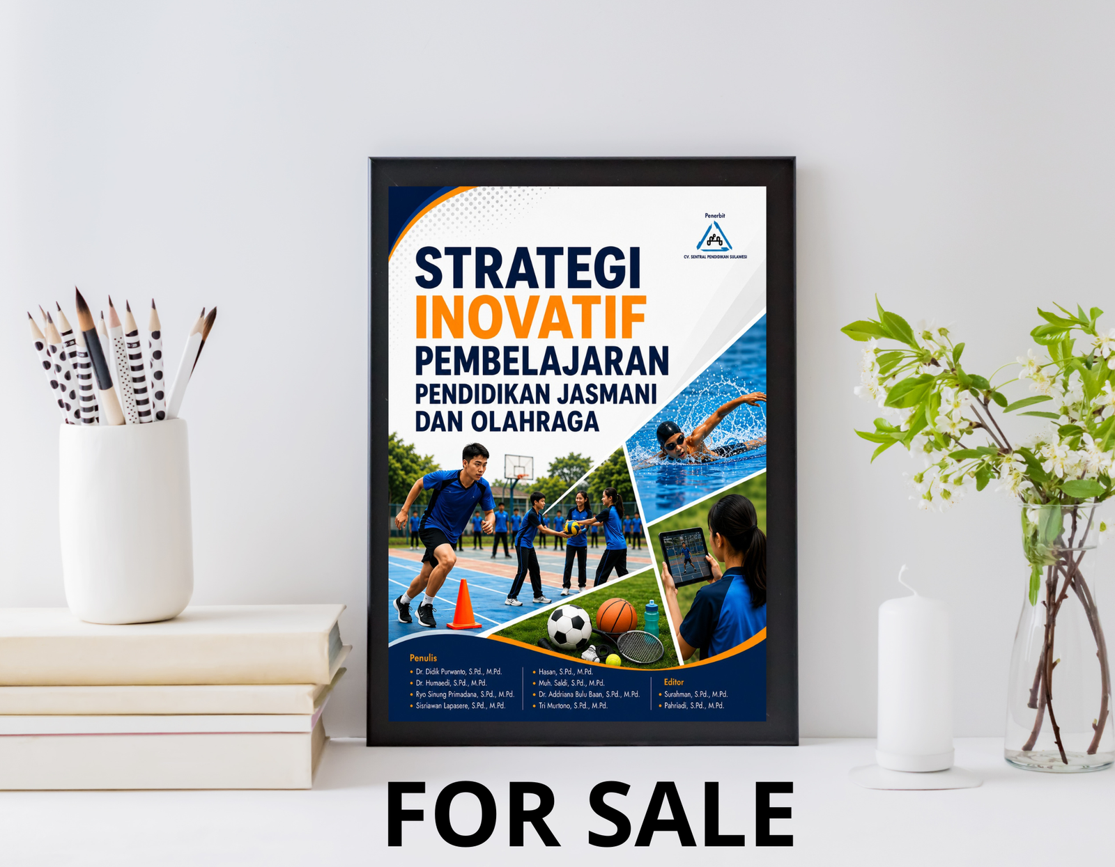 Book cover for Strategi Inovatif Pembelajaran Pendidikan Jasmani and Olahraga showing active students and sports equipment illustrations