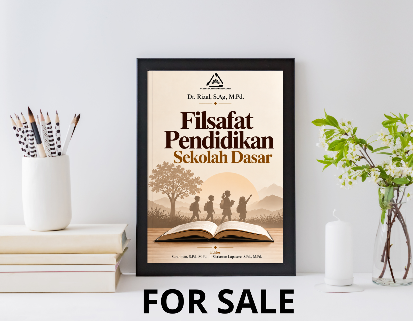 Sampul Filsafat Pendidikan Sekolah Dasar bernuansa krem dan cokelat keemasan, menampilkan anak-anak belajar di bawah pohon dan sebuah buku terbuka.
