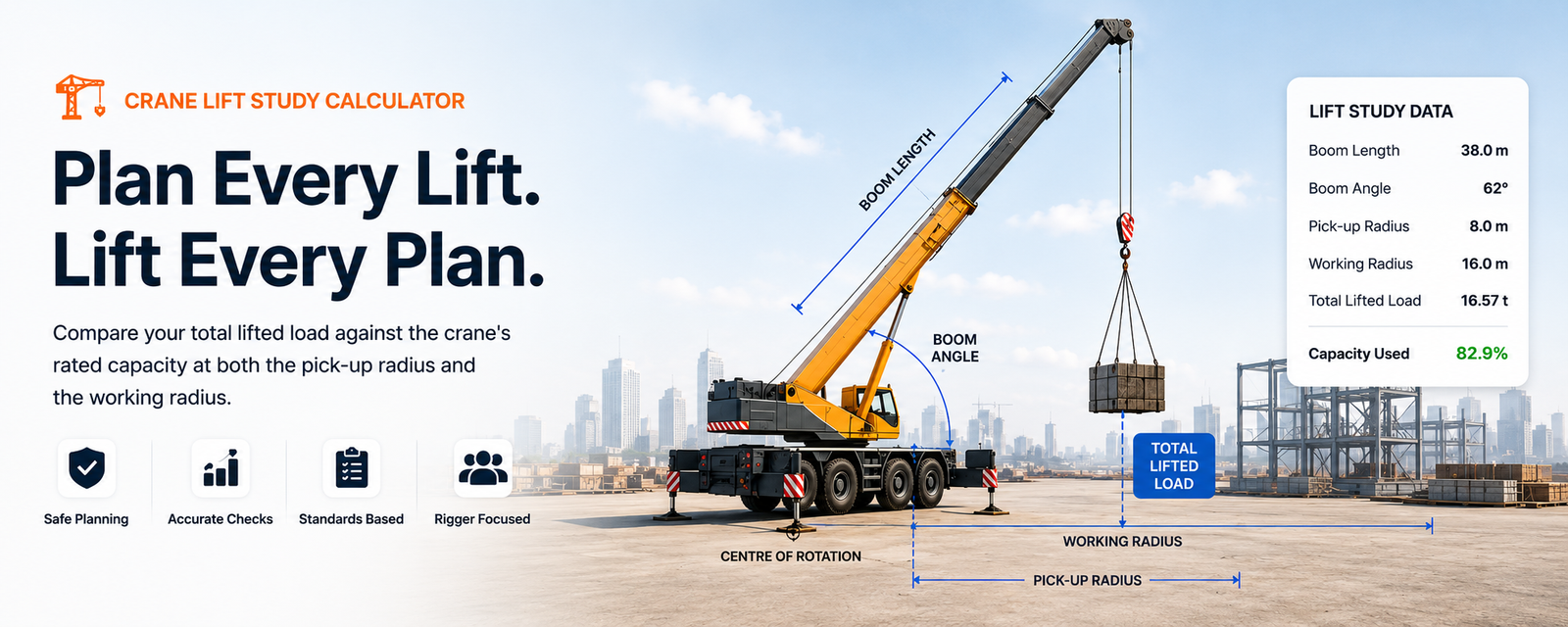 Crane lift study calculator showing boom length, boom angle, pick-up radius, working radius and rated crane capacity.