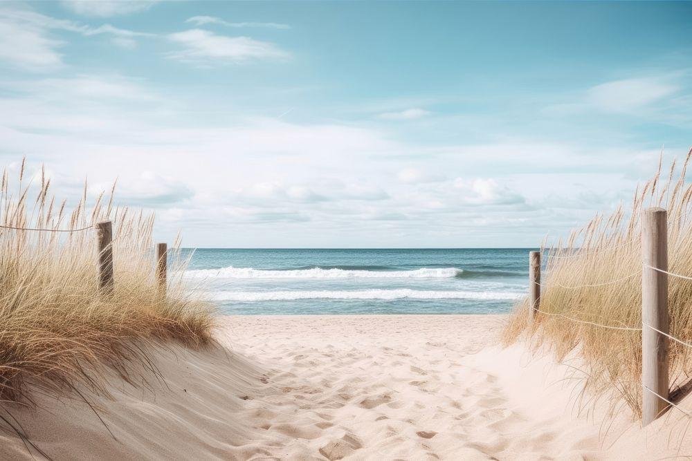 Caminho entre dunas para o mar, gramíneas ao vento, céu aberto