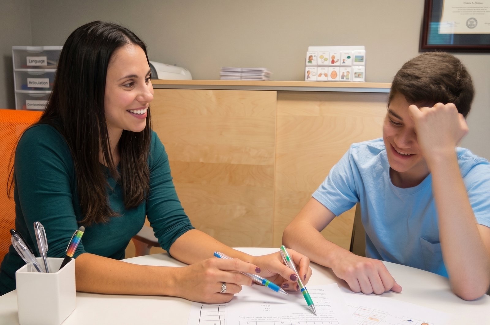 Speech-language therapist working with a student during a session