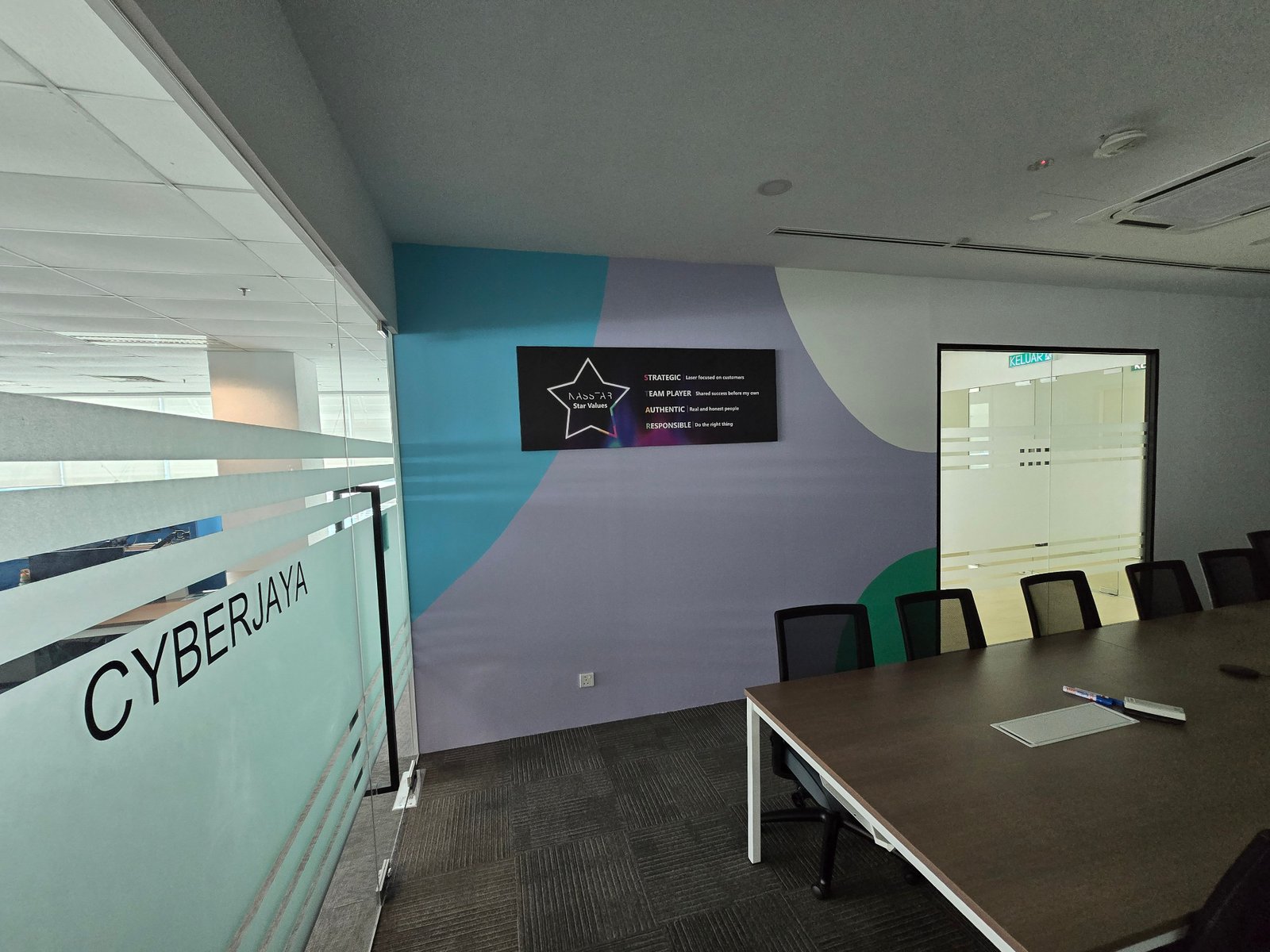 Cyberjaya meeting room at Nasstar with colourful feature wall and company values display board