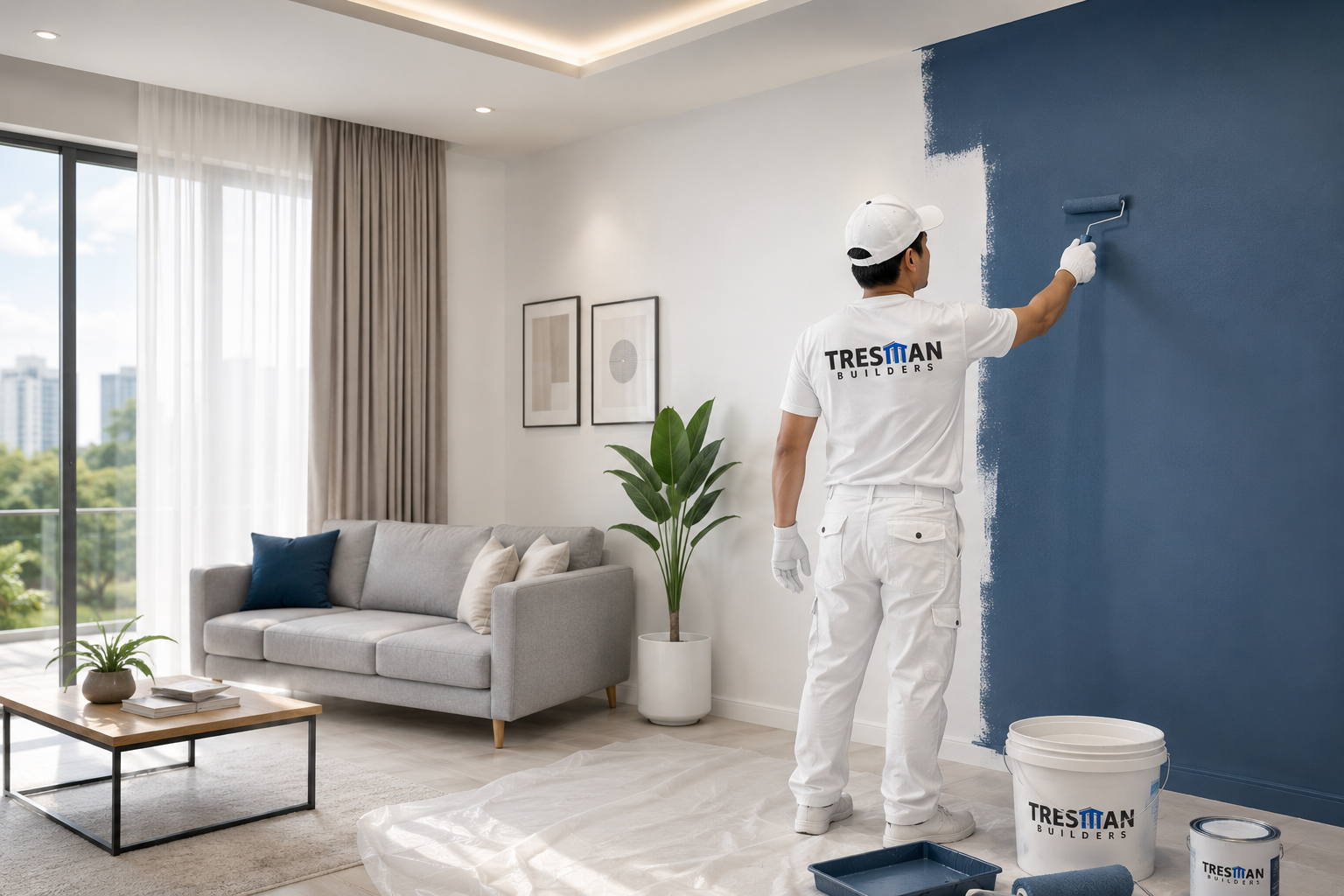 Tresman Builders painter applying blue feature wall paint in a modern living room