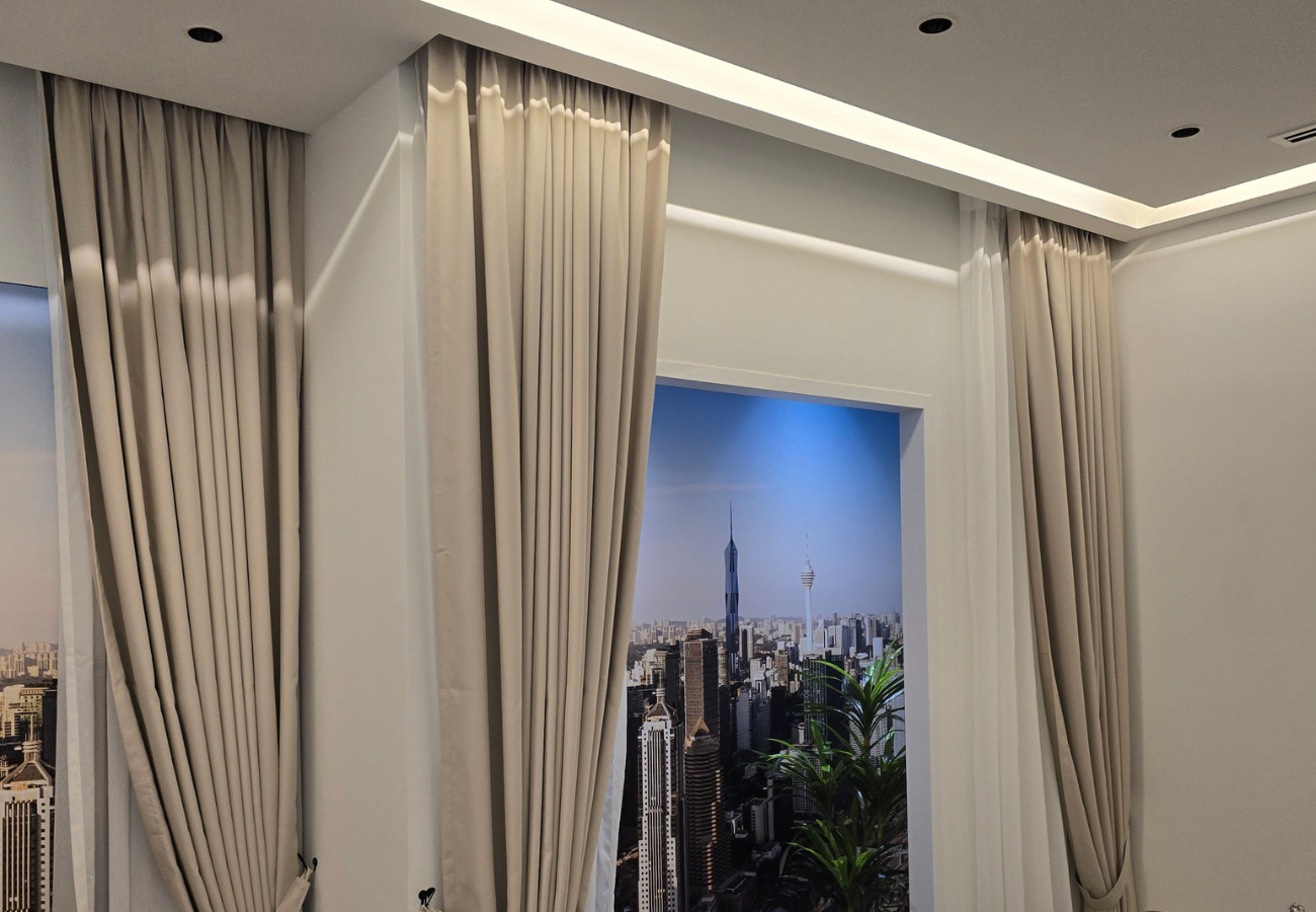 After: Finished feature wall with city skyline mural and curtains