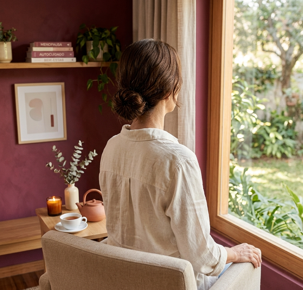 Mulher em ambiente calmo e acolhedor - bem-estar e conforto