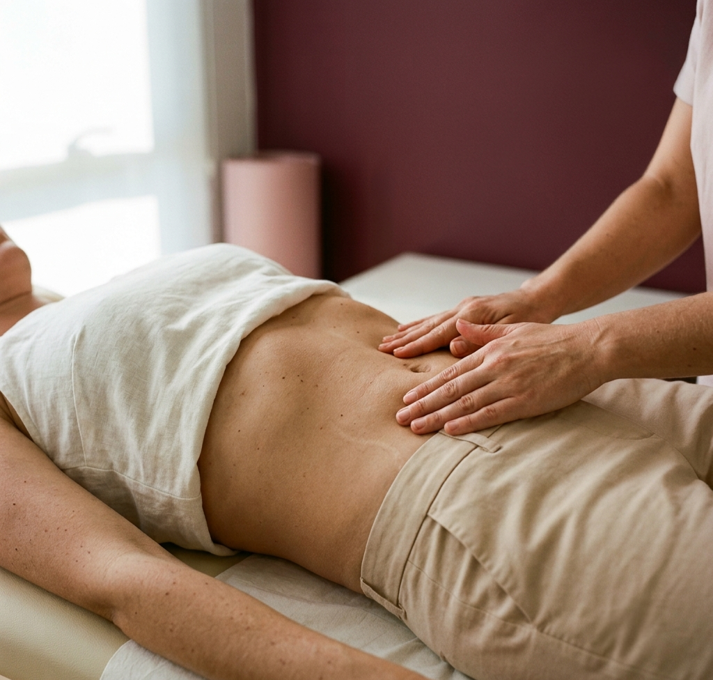 Fisioterapia abdominal - profissional realizando avaliação e tratamento