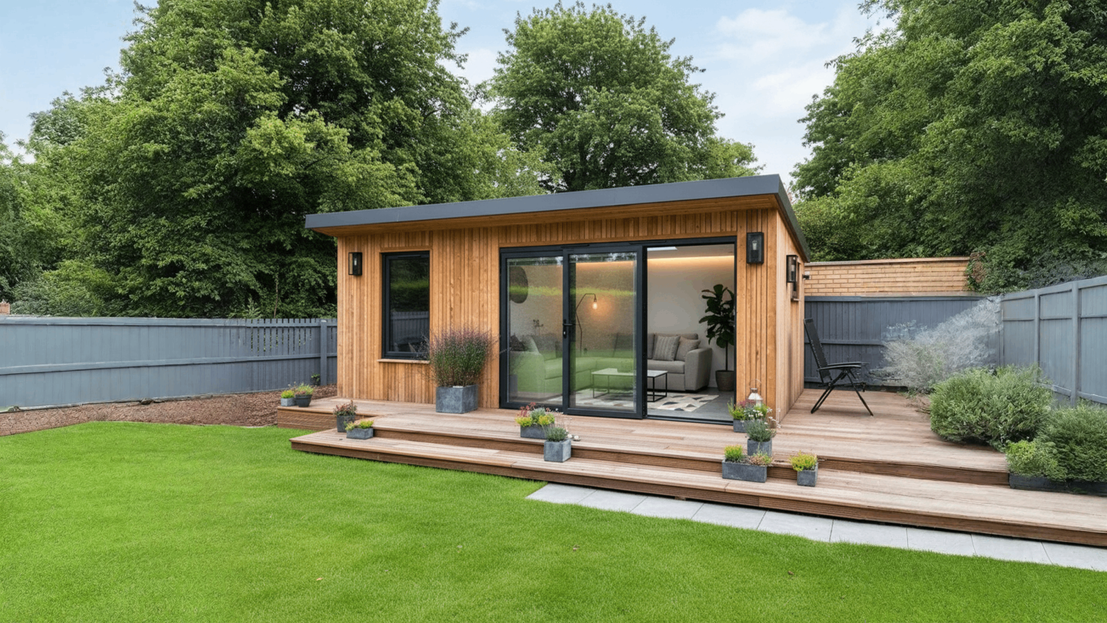 Modern SIP garden room in residential garden setting
