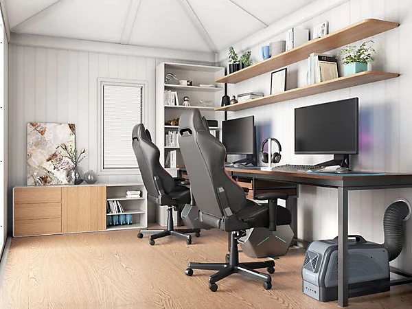 Professional home office garden room with desk and large windows