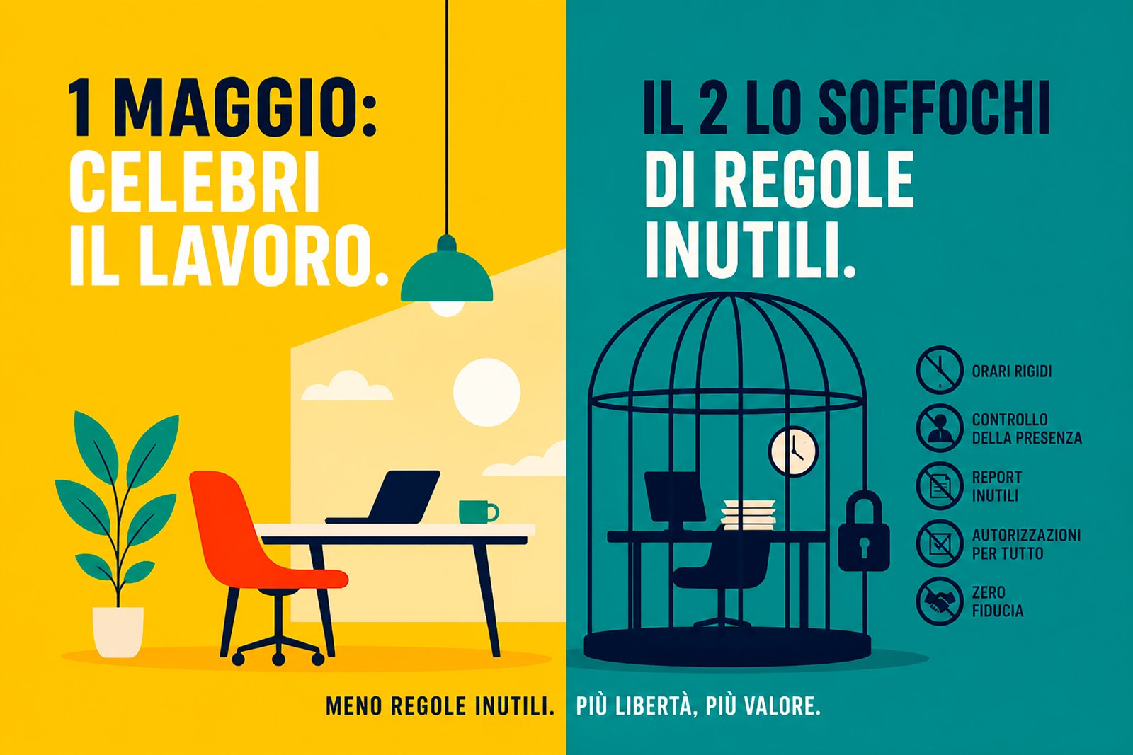 Manifestazione del 1° maggio con bandiere rosse e lavoratori che celebrano la Festa del Lavoro
