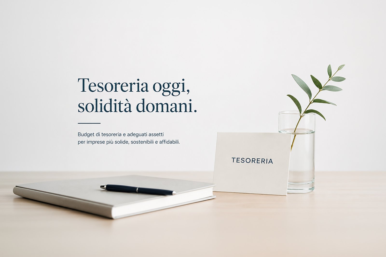 Minimalist desk setup with notebook, pen, glass of water with plant branch, and TESORERIA card