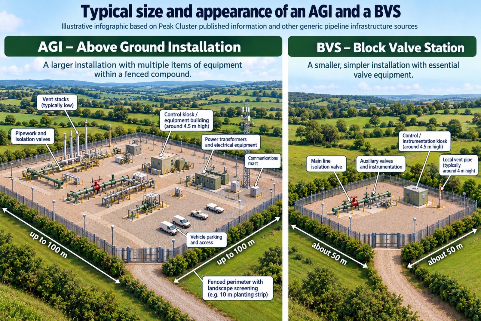Generalised representation of typical Above Ground Installations (AGIs) and Block Valve Stations (BVSs) for the Peak Cluster pipeline.