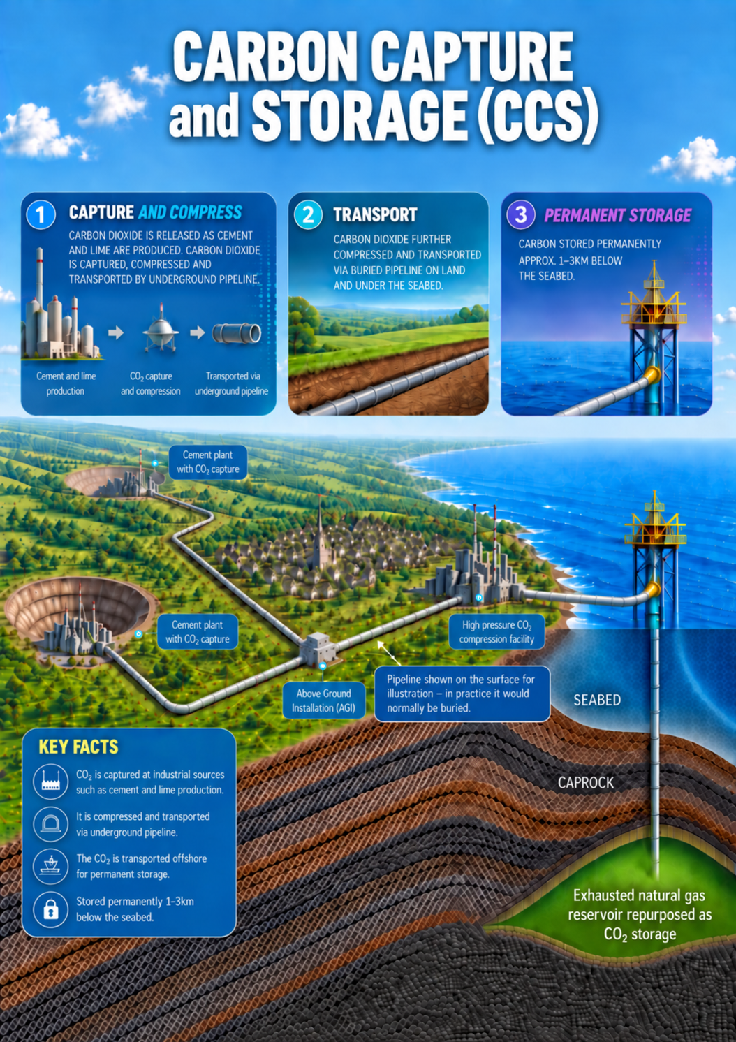Generalised representation of a carbon capture and storage project: capture and compress at cement plants, transport by buried pipeline, and permanent storage beneath the seabed.