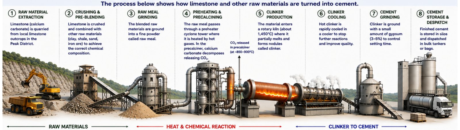 A typical process for producing cement, illustrating the stages from limestone to clinker and cement.