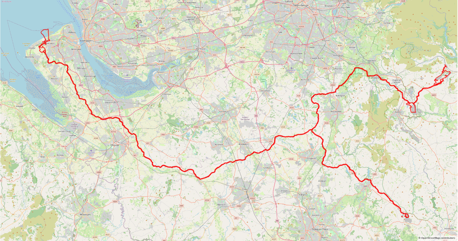 Map showing the approximate route of the proposed Peak Cluster pipeline across the North West of England.
