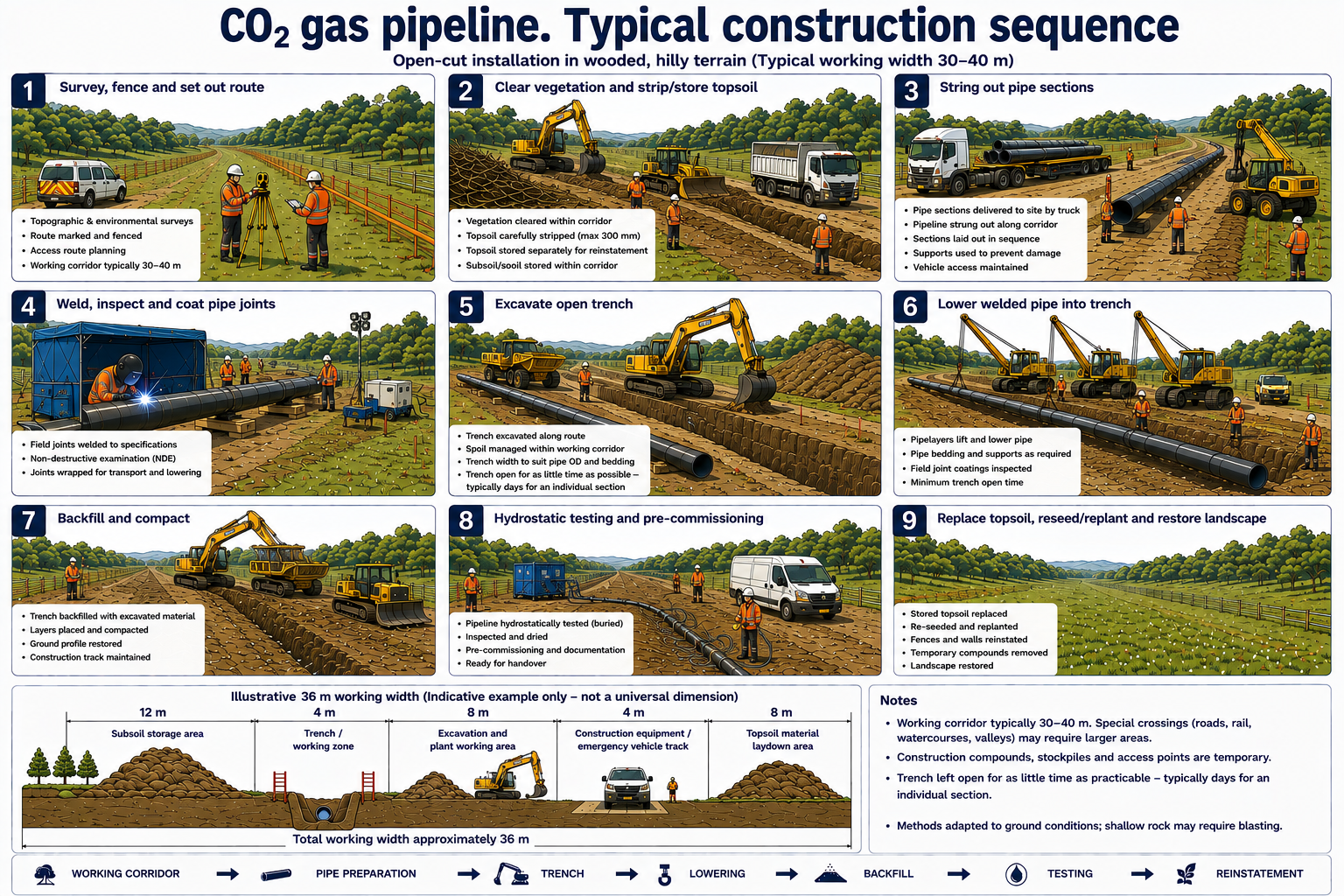 CO₂ gas pipeline typical construction sequence: nine open-trench steps from survey and fencing through reinstatement, plus an illustrative 36 m working-width cross-section