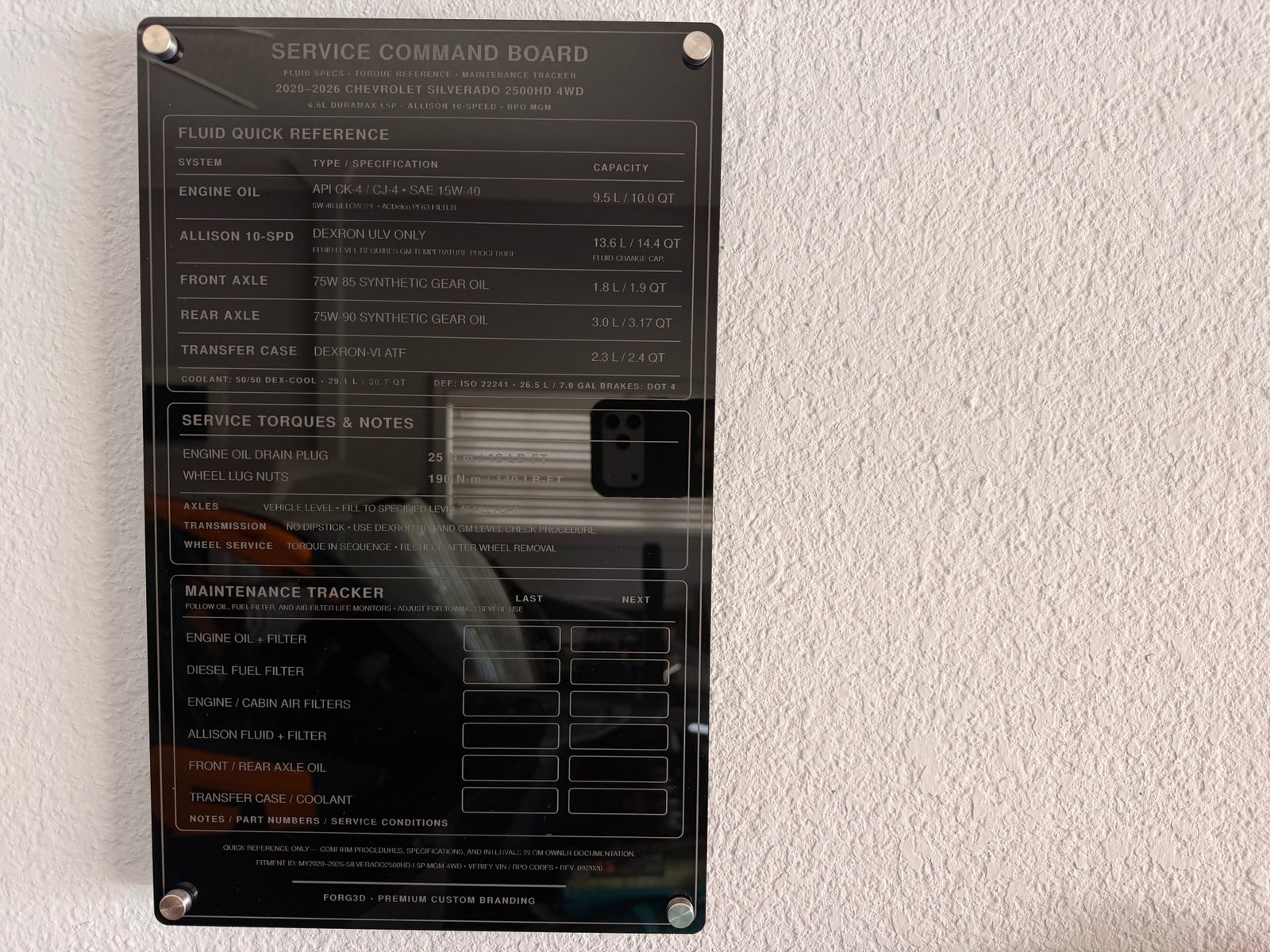 Installed custom vehicle maintenance reference and tracker board by FORG3D
