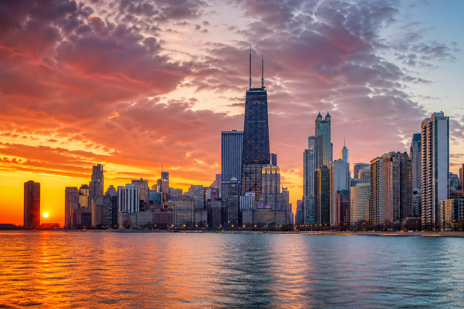 Chicago skyline at sunset