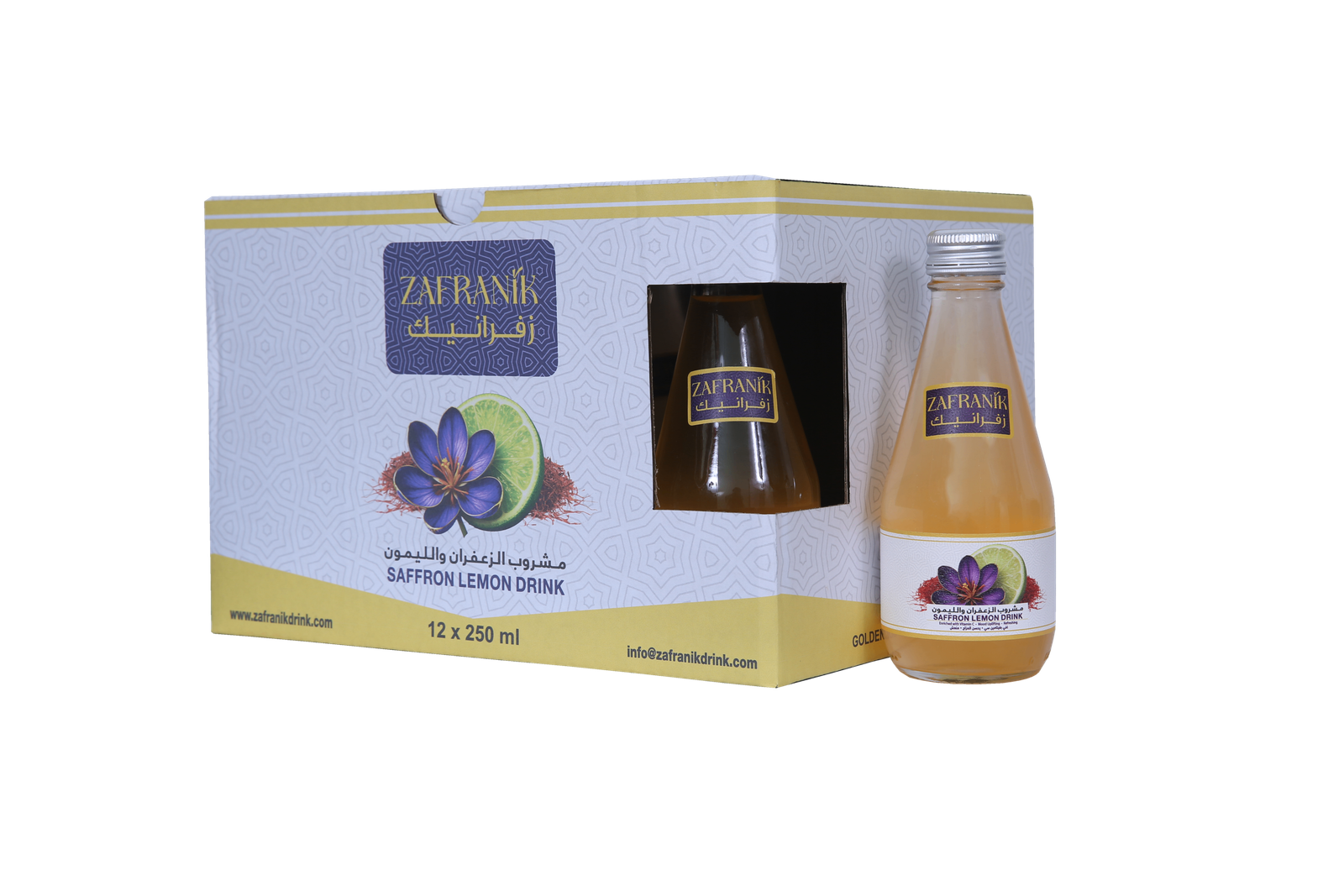 ZAFRANIK 12 × 250 ml case with a saffron lemon drink bottle