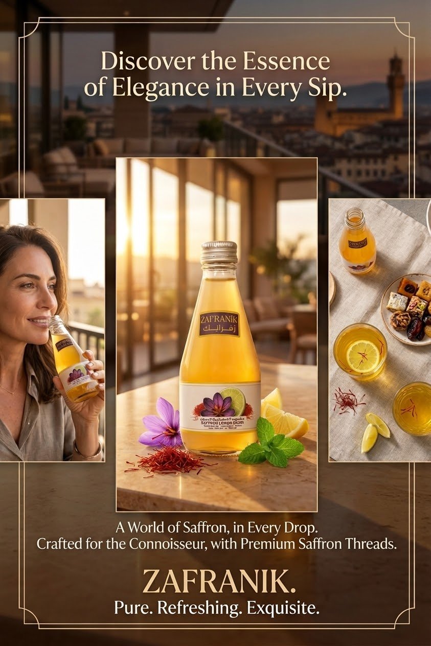 A man holding a ZAFRANIK saffron lemon glass bottle at a Dubai café table