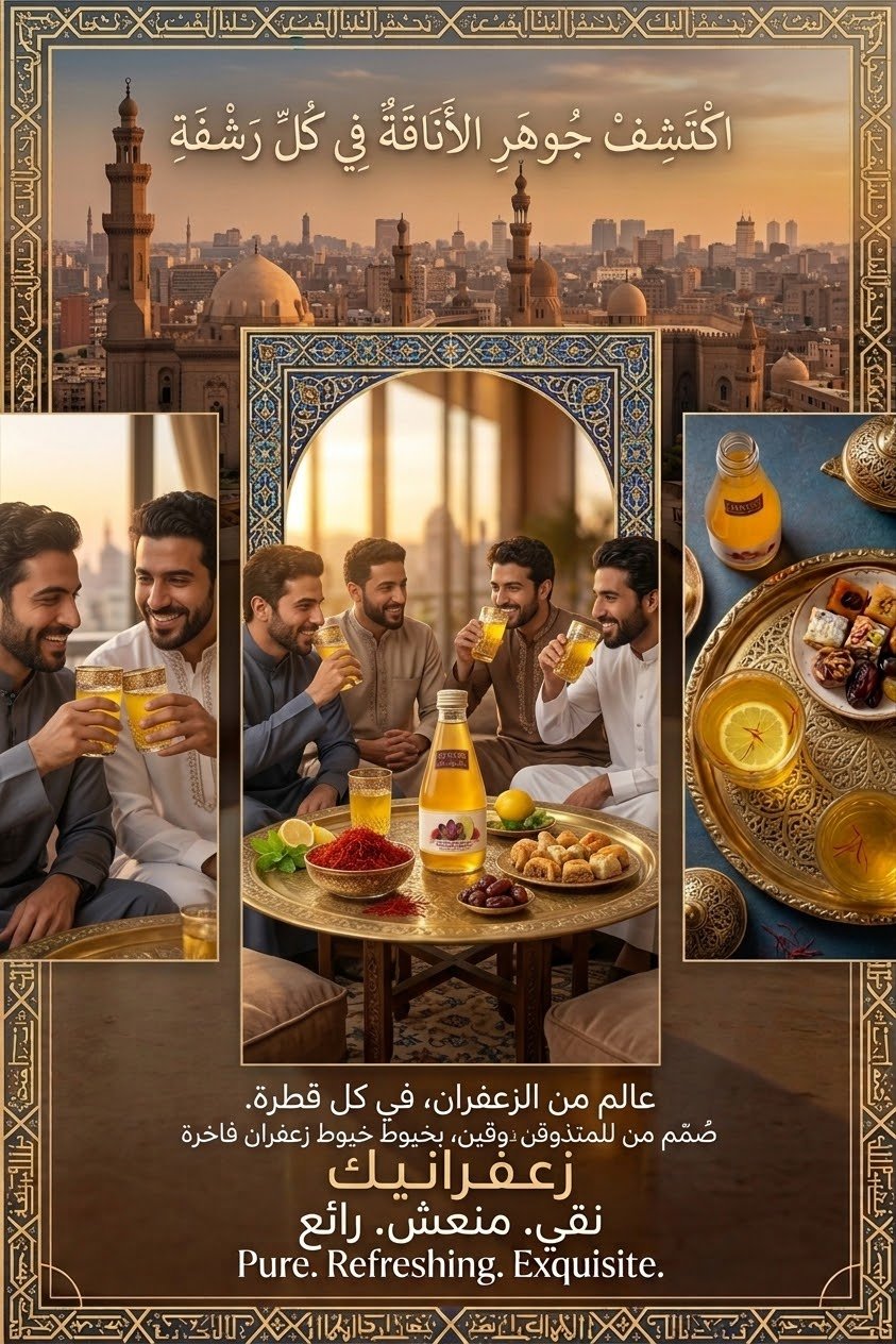 Friends sharing ZAFRANIK saffron lemon bottles around a Dubai rooftop table at sunset