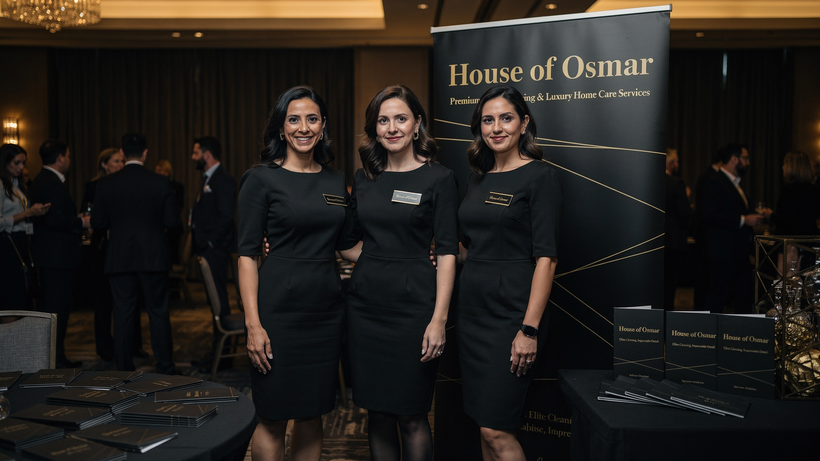 House of Osmar team at event in formal black attire with gold branding