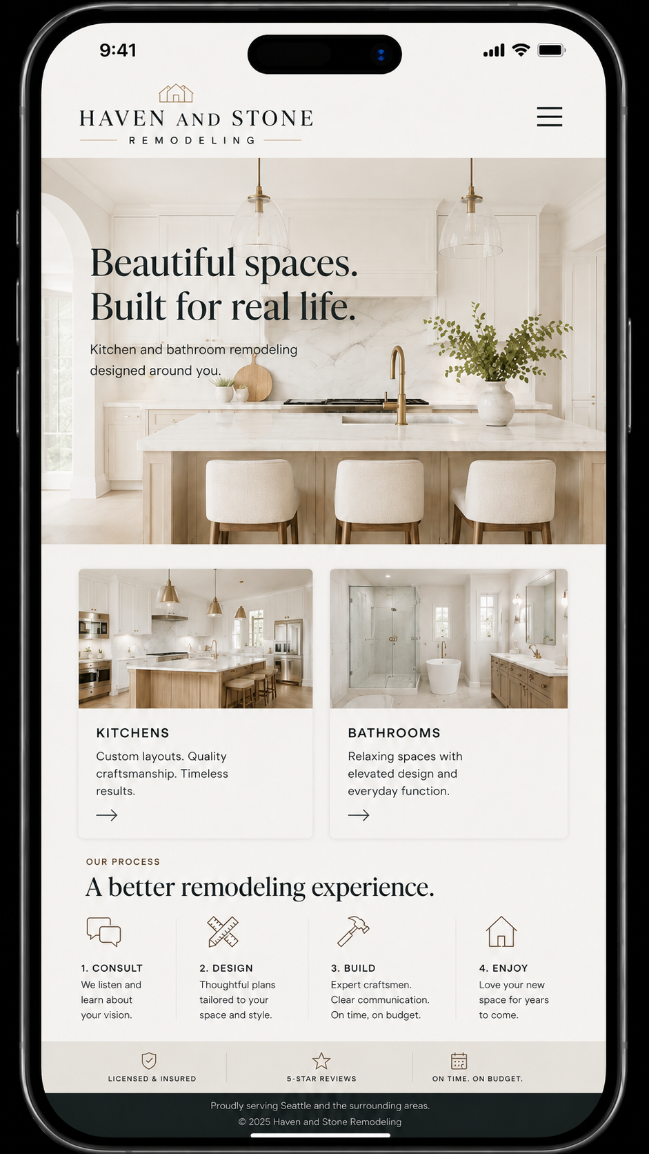 Responsive mobile web design layout for Haven & Stone