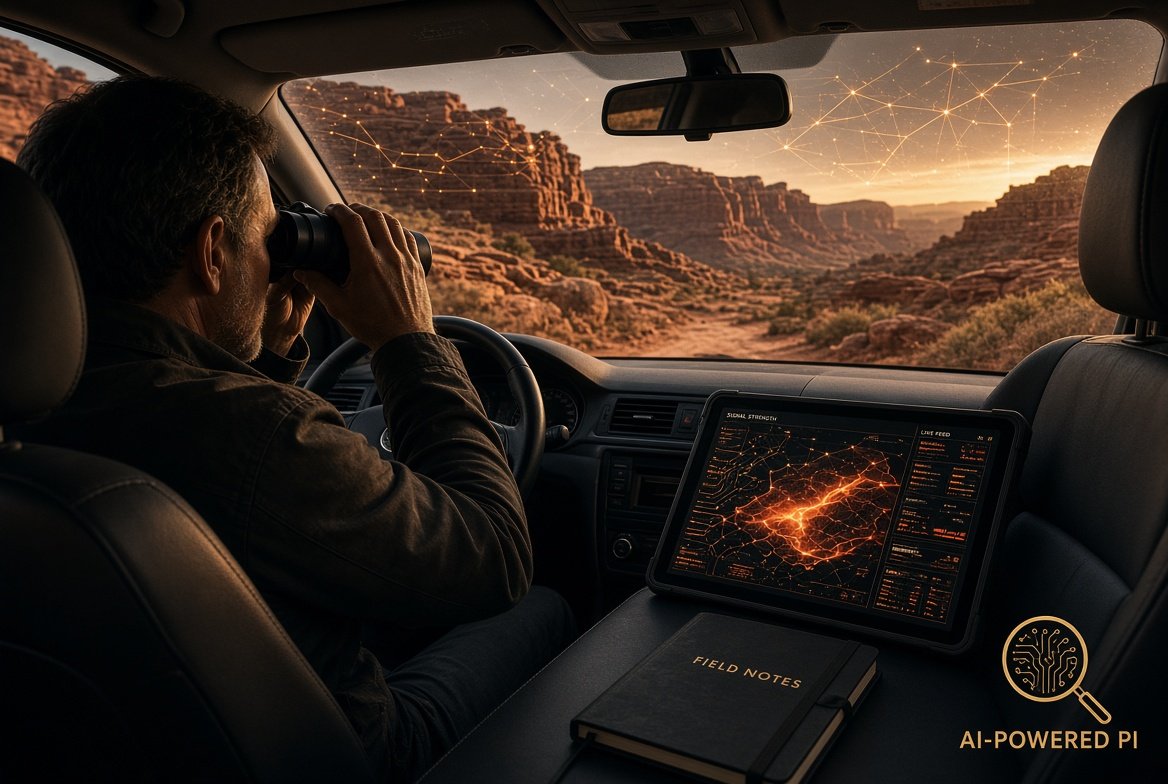 The AI-Powered Private Investigator paperback by Jon Jacobson, MBA on a wooden desk beside a notebook and coffee, with a desert landscape outside the window