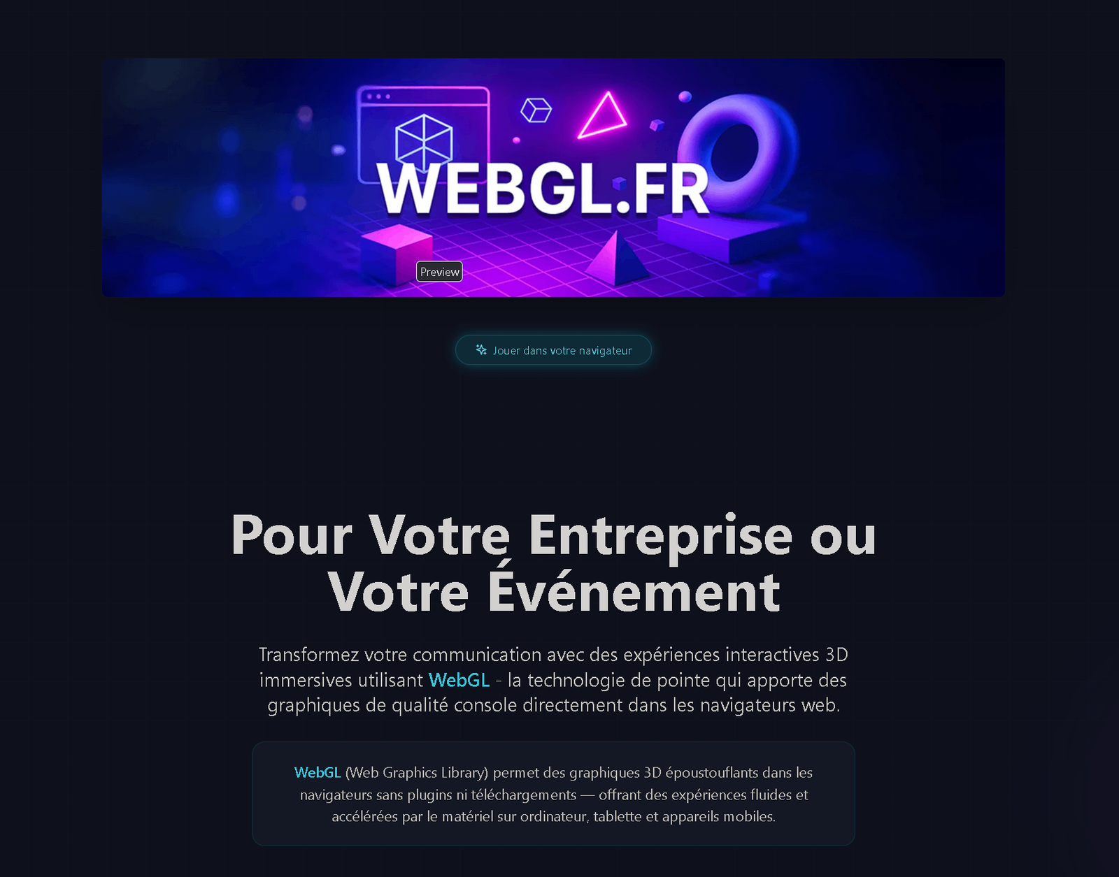 Bannière WebGL.fr - Expériences 3D Immersives