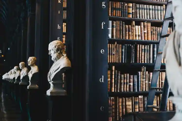 Law library with busts and bookshelves