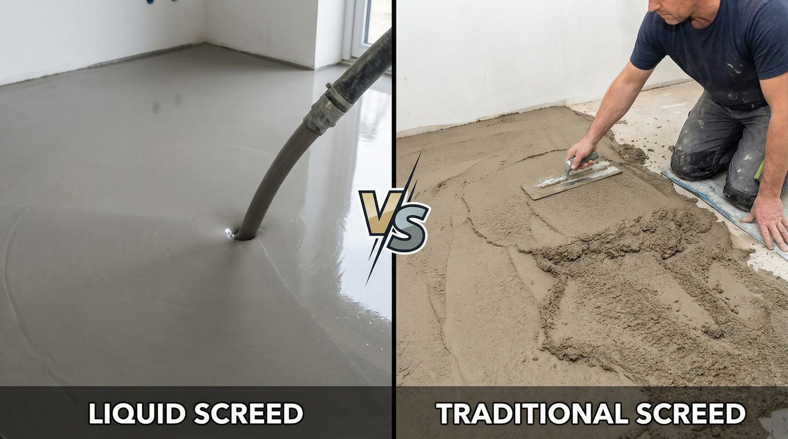 Comparison of Liquid Screed (Left) being pumped vs Traditional Sand and Cement Screed (Right) being manually applied