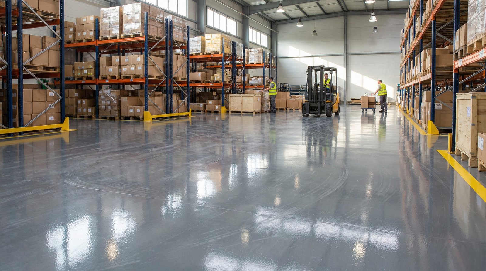 Industrial warehouse with polished epoxy flooring, showing storage racks with boxes, forklift, workers in safety vests, and bright reflective floor