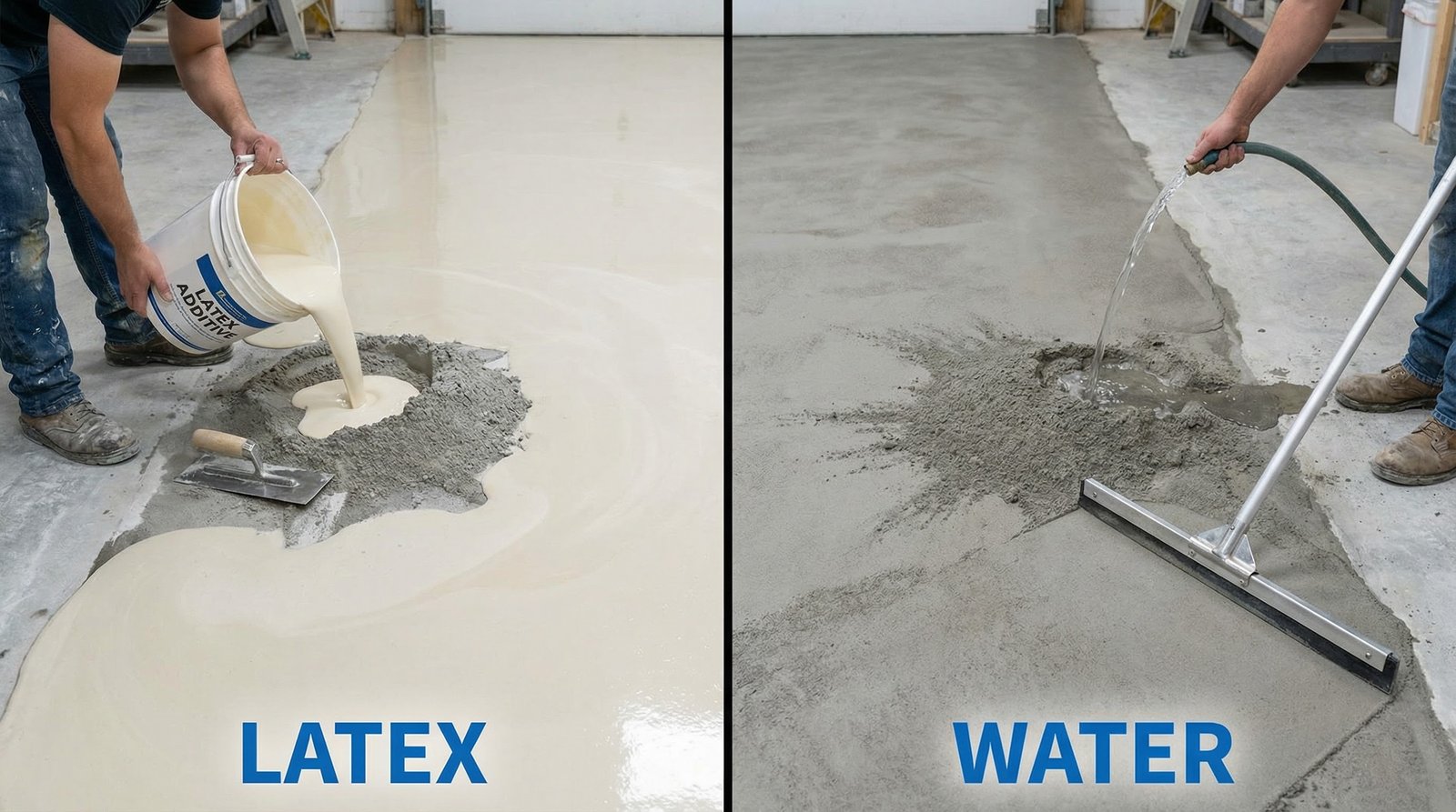Side-by-side comparison showing latex-based self-leveling compound on left and water-based compound on right