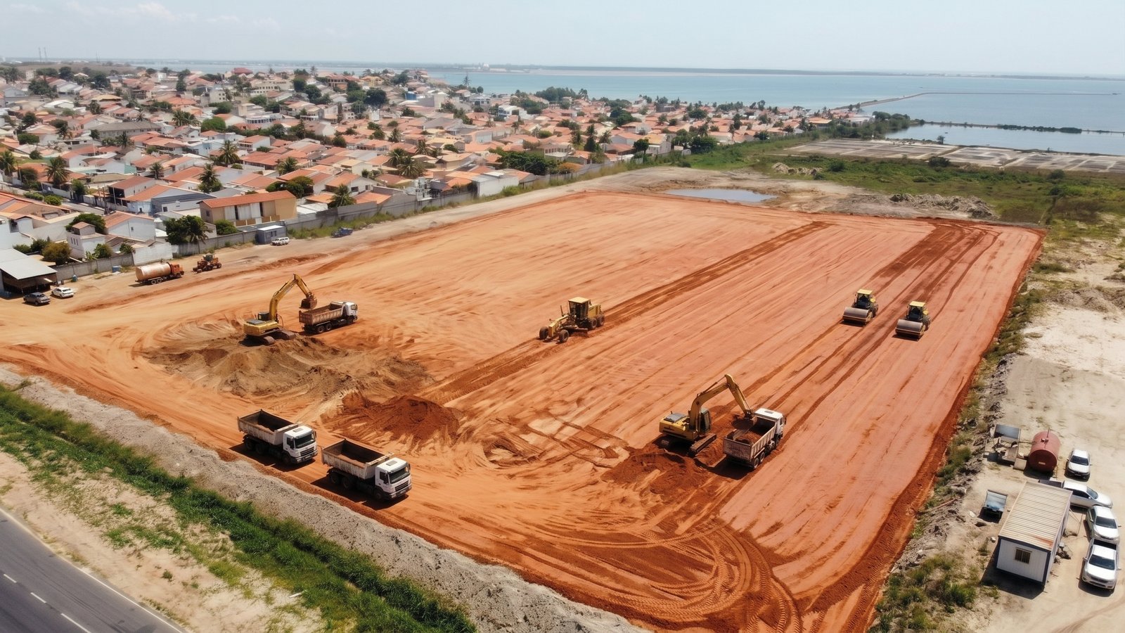 Vista aérea de terraplenagem em Cabo Frio, com máquinas e caminhões sobre o terreno preparado