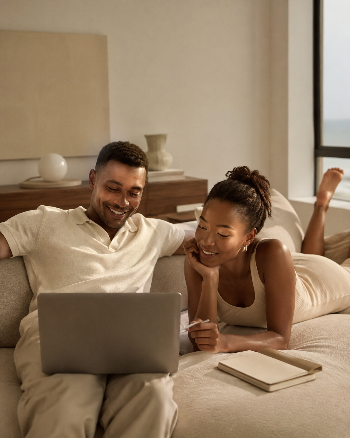 Couple using a laptop together to manage their monthly budget