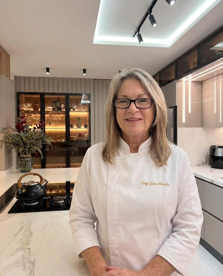Chefe Junia em cozinha moderna