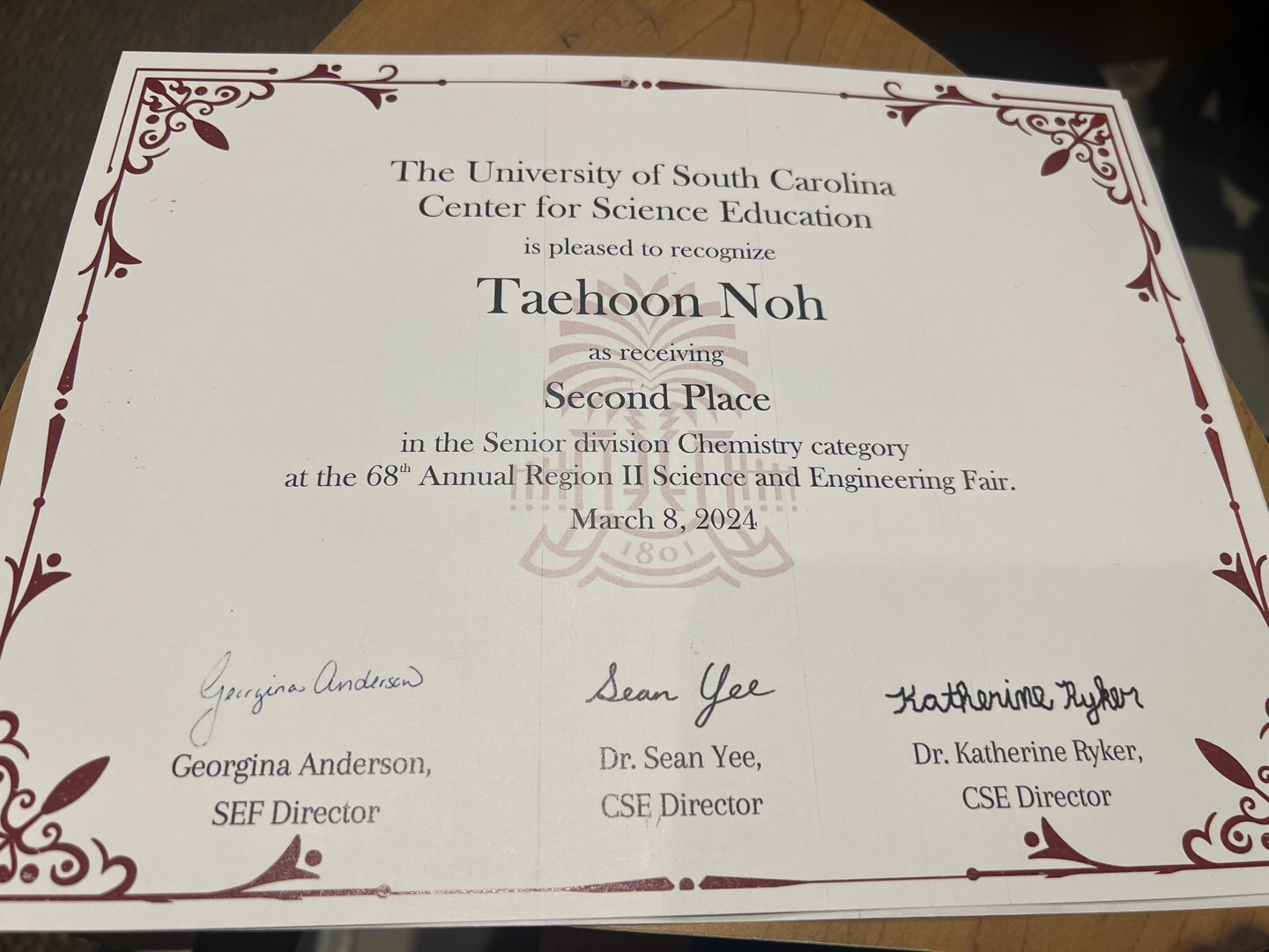 Certificate awarding Taehoon Noh Second Place in Senior Division Chemistry at the 68th Annual Region II Science and Engineering Fair, University of South Carolina Center for Science Education, March 8, 2024.