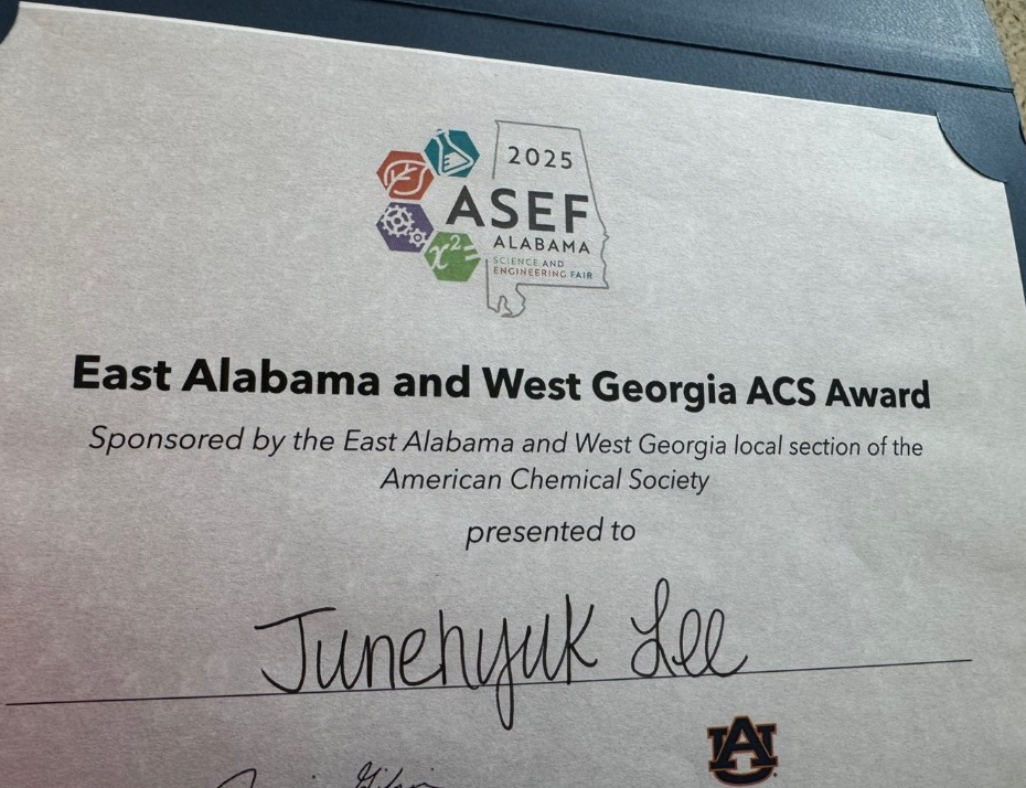 Certificate for the East Alabama and West Georgia ACS Award presented to Junehyuk Lee at the 2025 Alabama Science and Engineering Fair.