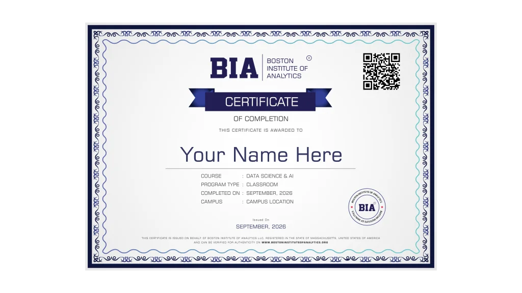 Boston Institute of Analytics Certificate of Completion — Generative AI Development