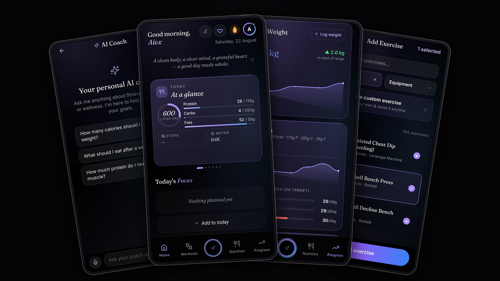 Thrive app on four phones: AI Coach, home nutrition, body weight progress, and Add Exercise