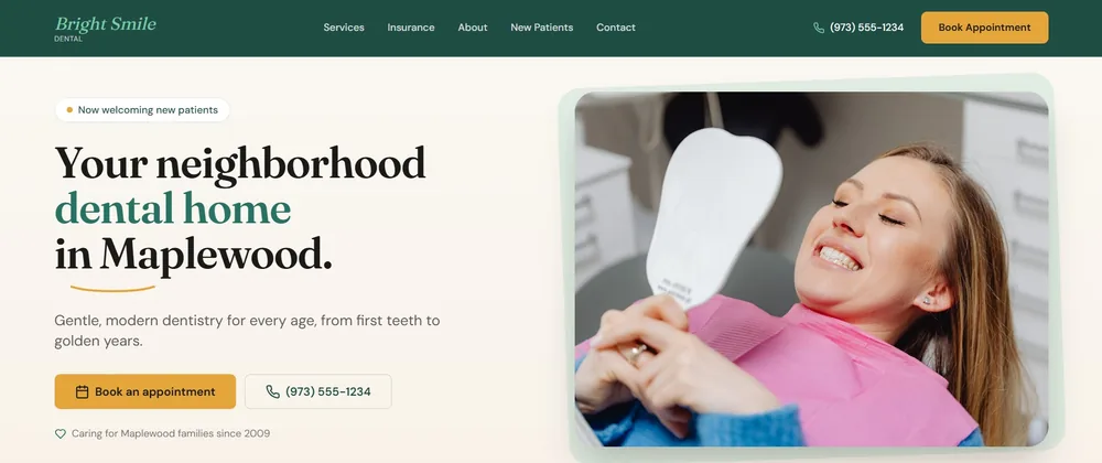 Homepage of Bright Smile Dental, the dental clinic website template