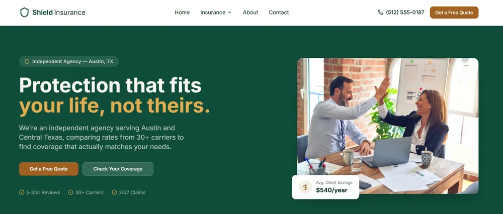 Homepage of Shield Insurance Group, the insurance agency website template