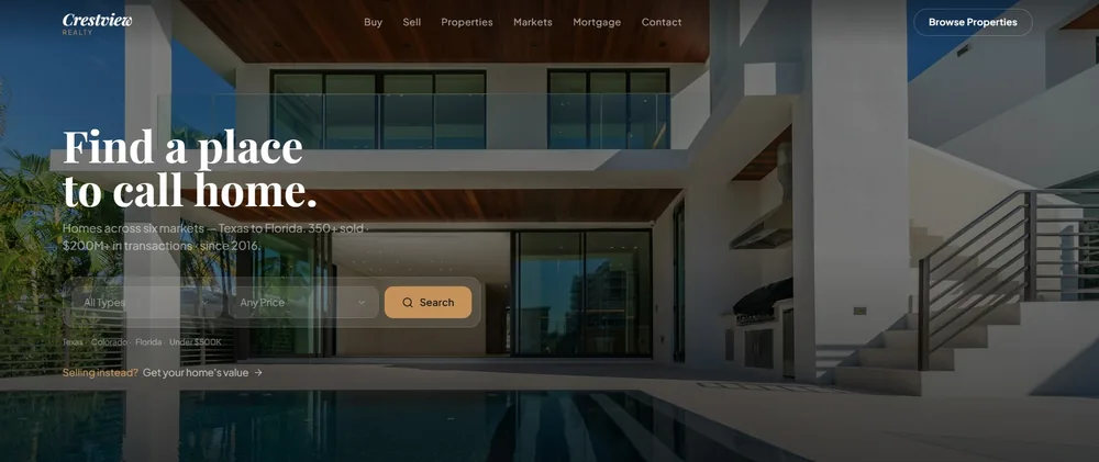 Homepage of Crestview Realty, the real estate website template